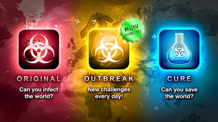 Módválasztó képernyő három lehetőséggel: Original, Outbreak és Cure, angol alcímekkel